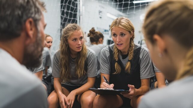 Post-match debrief session on the bench features a Caucasian coed team with fair skin listening to a coach at a sports arena.