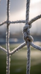 A close study shows a white goalpost and net junction knot covered in morning dew droplets against a blurred field background.