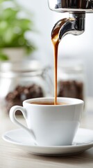 A vertical macro of rich espresso flowing from a chrome portafilter into a white ceramic cup with a golden crema layer.