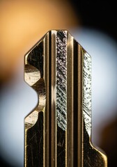 Macro shot of a freshly cut key s teeth and grooves with a blurred background and sharp focus
