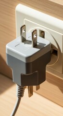 Multi-way electrical power adapter is plugged into a white wall outlet socket on a modern light wood grain background.