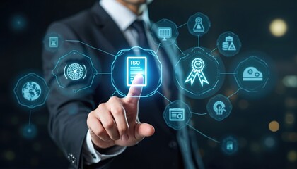Fototapeta premium Man touches ISO certification icon on digital screen. Business man interacts with global quality assurance and standardization network. Tech interface shows business process icons.
