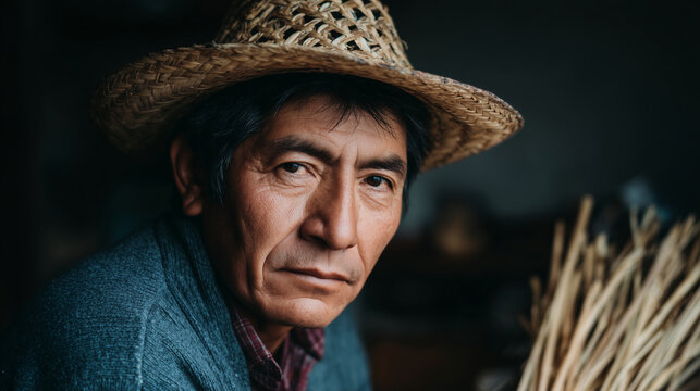 Portrait of a Peruvian flute maker in his mountain workshop, carving a pan flute from dried reeds, concentration, natural sidelight, handmade, artisan, folk craft, cultural heritag