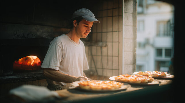 Candid scene of a Lisbon neighborhood bakery at 6am, a baker sliding trays of pastel de nata into a wood-fired oven, golden light, real life, artisan food, homemade, local culture,