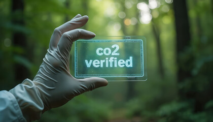 Naklejka premium Gloved hand holds transparent screen showing CO2 verified text. Person stands in forest checking air quality. Tech monitors carbon levels for eco research. Future climate control concept.