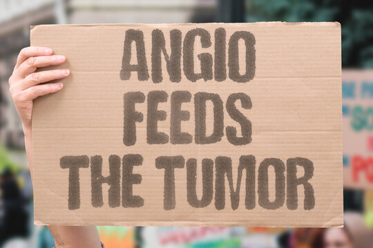 "Angio Feeds The Tumor" Tumors stimulate the growth of new blood vessels through angiogenesis to secure a continuous supply of nutrients and oxygen. CANCER. TUMOR. VESSEL. GROW. FUEL.