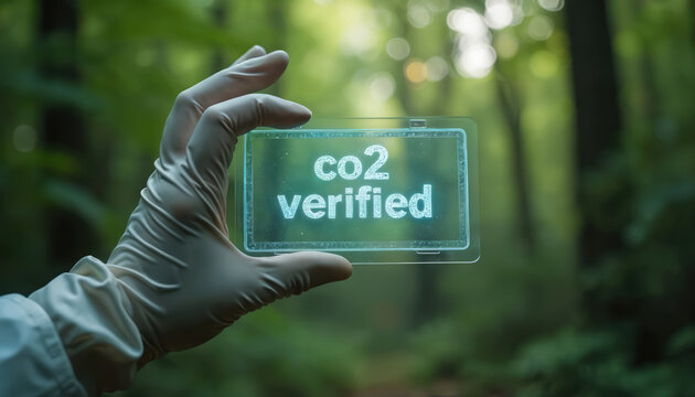 Gloved hand holds transparent screen showing CO2 verified text. Person stands in forest checking air quality. Tech monitors carbon levels for eco research. Future climate control concept.