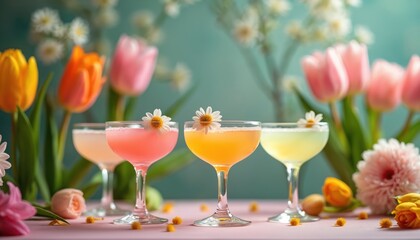 Naklejka premium Spring cocktails with floral garnishes sit on pastel table. Colorful tulips and daisies frame drinks, suggesting fresh and festive mood. Drinks are light colored and inviting for celebration.
