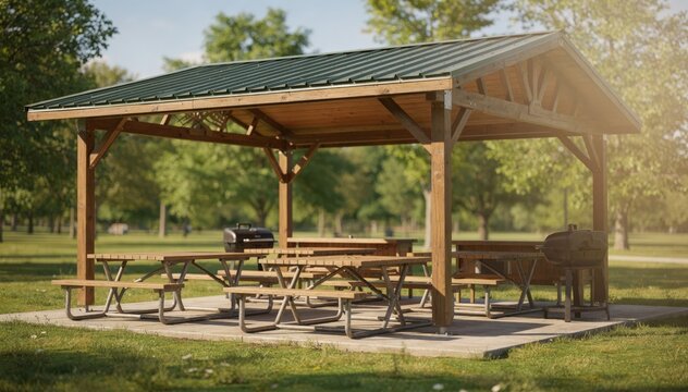 Medium shot of a sunlit picnic pavilion with empty group tables and grills showcasing a serene dayuse shelter surrounded by blurred greenery.