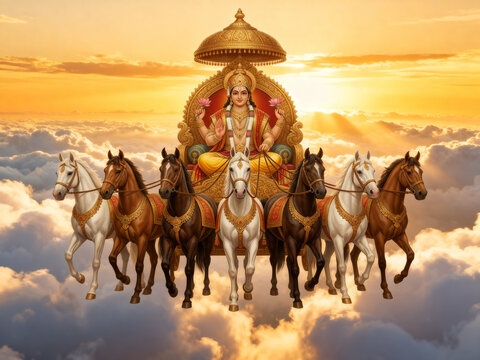 Suryadev Riding Chariot with Seven Horses, Radiant Sun God Surya in Golden Divine Aura