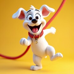 Fototapeta premium Happy cartoon dog with red leash and collar trots enthusiastically on bright yellow background. This energetic white canine character is ready for a fun walk or playtime adventure outdoors.