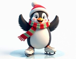 Fototapeta premium Cute cartoon penguin wears Santa hat and striped scarf. It ice skates with skates on its feet, ready for winter fun. Adorable character for holiday themes.