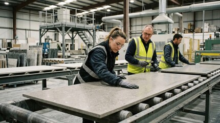Fototapeta premium Medium shot showcasing honed engineered stone countertop slabs being inspected by workers highlighting the matte texture and subtle finish in a controlled production line.