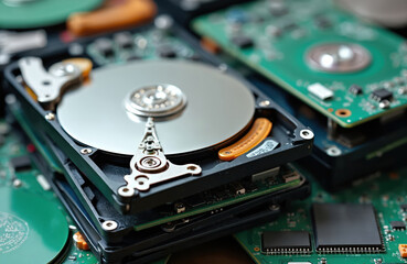 Obraz premium Computer hard disk drives are stacked together showing internal components. Close-up view on spinning platters and read write heads in storage devices.