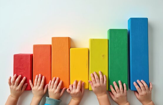 Childrens hands reach for colorful wooden blocks arranged like a bar chart on white surface. They are learning to count, sort, and build. This promotes early math skills and creativity.