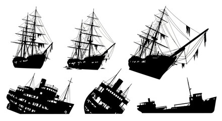 Black ship silhouettes, sailing vessel icons, nautical fleet graphics, vector ships © charli