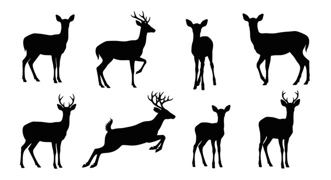 Deer silhouettes, black deer icons, deer graphics, wildlife symbols, vector illustrations