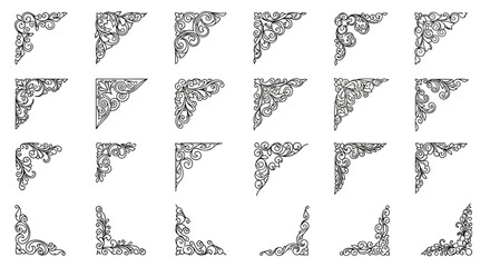 Set of 20 floral corner border elements, black and white, vector illustrations, decorative frames, ornate designs © charli