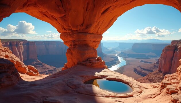 Massive orange rock arch frames distant river canyon. Small pool reflects blue sky and clouds. Arid desert landscape offers expansive views under clear day.