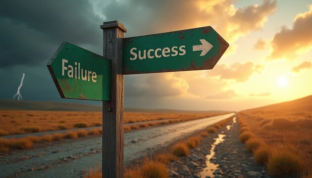 Roadside sign shows two diverging paths one labeled Success pointing towards bright sunny sky, another labeled Failure pointing towards stormy dark sky. Difficult life choices, important decisions.