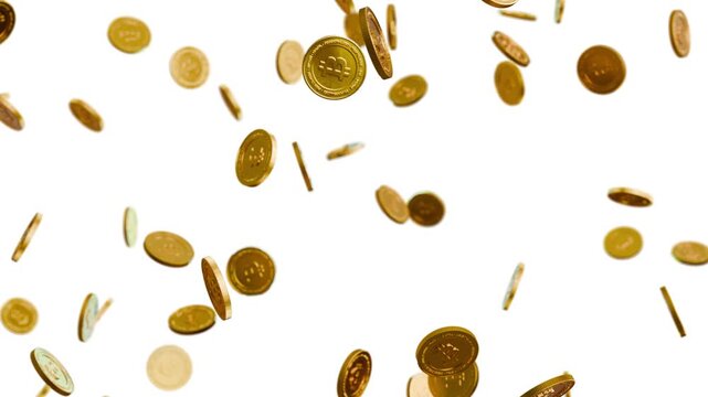 Falling bitcoin coins on white background, seamless slow motion loop