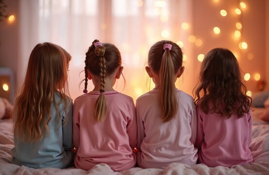 Four young girls in colorful pajamas sit closely on a bed, backs facing camera. Soft bokeh lights create a warm, dreamy atmosphere perfect for sleepover stories and childhood bonding.