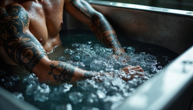 Man with tattoos immerses in ice bath for post workout recovery. Athlete cools body in cold water tub for therapy. Experiencing refreshing chill for muscle relief and better health.