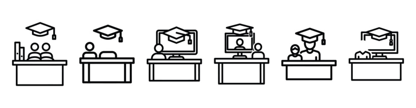virtual classroom icon set outline style. Business line art icon collection.