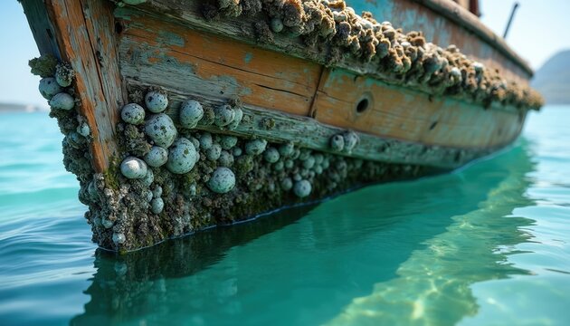 Old wooden boat hull shows marine growth and barnacles. Blue water laps against weathered wood. Texture of nature on submerged part of vessel.