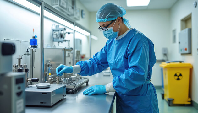 Scientist in protective suit works with radioactive isotopes in sterile lab. Technician calibrates equipment for nuclear medicine scan. Safety procedures ensure diagnostic accuracy for patient health.