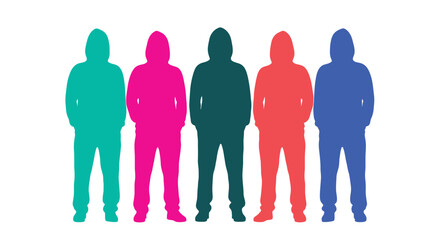 A row of five hooded figures stands silhouetted each distinctly colored against a white background © grvect02