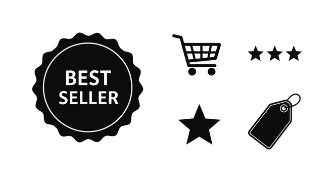 Black icons representing quality sales and ratings a silhouette