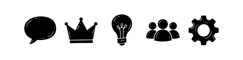 Hand-drawn business and creativity icon set featuring a speech bubble, crown, lightbulb, team silhouette, and gear. Minimalist black doodles on a white background for web and graphic design. © Nort Kor