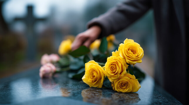 Yellow roses on gravestone with mourner&acirc;s hand, grief and remembrance concept, cemetery memorial flowers, funeral mourning scene, loss and farewell, sorrow, tribute, respectful cem