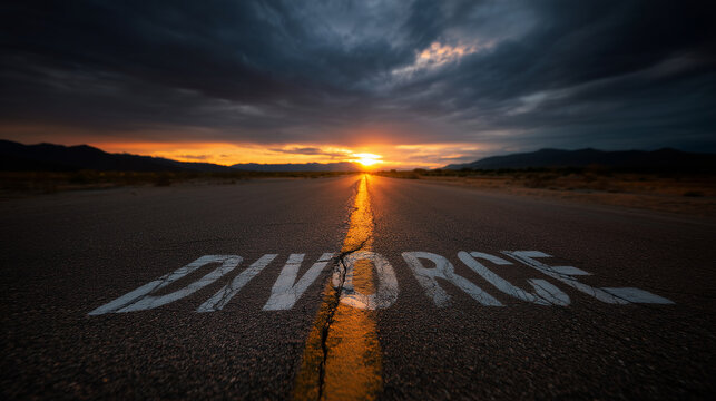 Divorce written on empty road at stormy sunset, legal separation concept, marriage breakup symbolism, family law crisis, dramatic relationship ending, lonely highway decision, emot