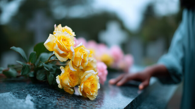 Yellow roses on gravestone with mourner&acirc;s hand, grief and remembrance concept, cemetery memorial flowers, funeral mourning scene, loss and farewell, sorrow, tribute, respectful cem