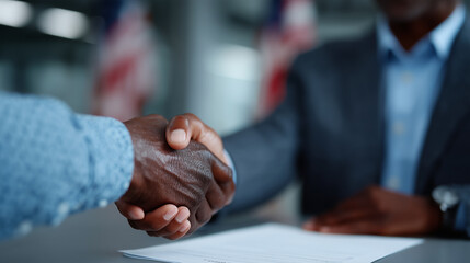 passport control interview, visa approval meeting, immigration consultation, official document exchange, embassy office, international travel concept, copy space immigration or emb