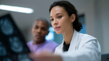 medical professionals reviewing brain imaging, neurologist examining MRI results, healthcare consultation, diagnostic technology, hospital office, copy space two healthcare profess