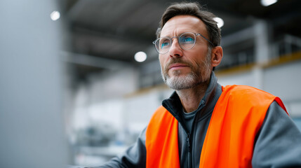 factory engineer using CAD software, industrial workplace technology, mechanical design on computer, professional technician in safety gear, copy space scene, male engineer working