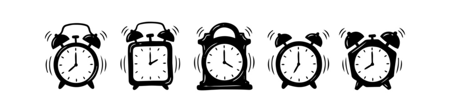 Set of hand-drawn ringing alarm clocks in a doodle style. Various shapes of clocks for morning alerts, wake-up calls, and time management concepts. Black and white minimalist vector illustration.