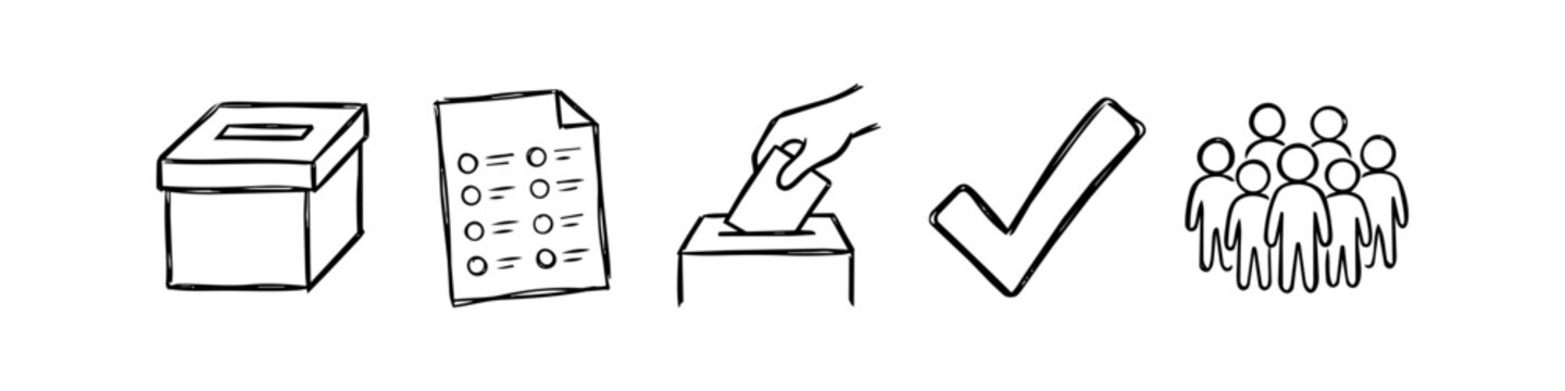 Hand-drawn election icon set featuring a ballot box, voting paper, hand casting a vote, checkmark, and people. Minimalist black and white doodle style for democracy and political concepts.