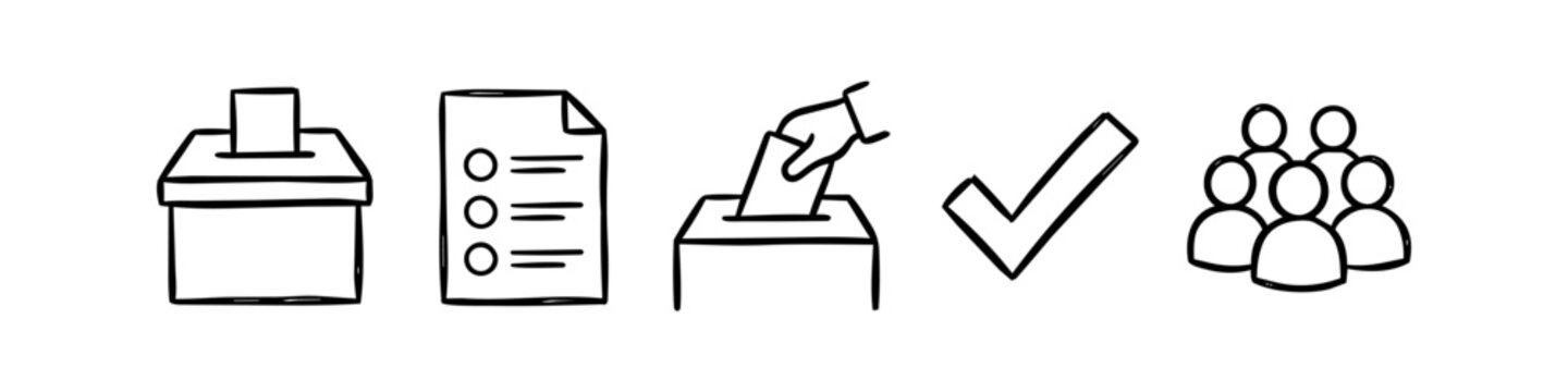 Set of hand-drawn voting and election icons featuring a ballot box, paper list, hand voting, checkmark, and voter group. Simple black doodle style on white background for democracy concepts.