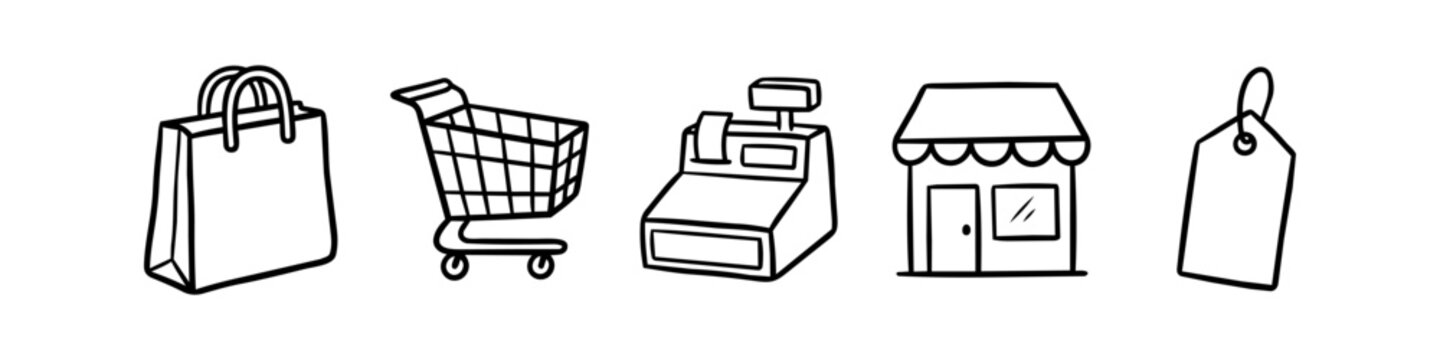 Set of hand-drawn retail icons including a shopping bag, cart, cash register, storefront, and price tag. Minimalist black line art doodles for e-commerce and business marketing designs.