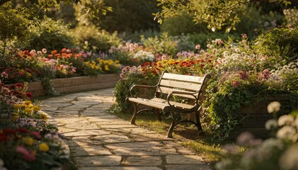 Naklejka premium Sundrenched summer outdoor garden with a stone path winding past vibrant raised flower beds and a single park bench focused amidst blurred lush greenery.