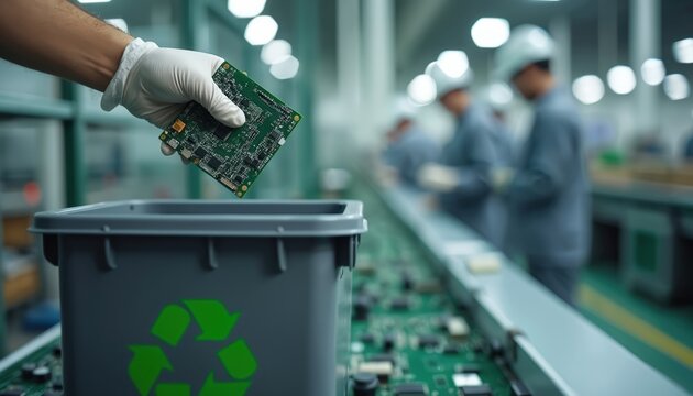 Gloved hand places circuit board into recycling bin with green symbol. E-waste management in electronics factory. Sorting and disposal of technology parts.