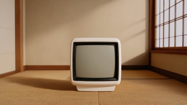 A vintage television sits on a tatami mat floor in a minimalist Japanese-style room with shoji screens and warm natural lighting.