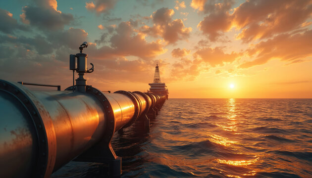 Offshore industrial pipeline for hydrogen transport crosses ocean water at sunset. Metal infrastructure extends to platform rig at sea. Warm golden hour light reflects on waves.