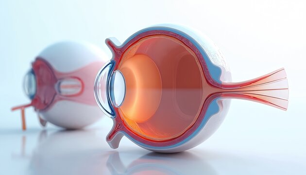 Detailed eye anatomy cross section shows internal layers. Focus on lens, iris, pupil, retina, optic nerve. Medical illustration for eye health care.