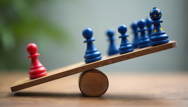 Red pawn unbalanced against blue pawns on seesaw. EU stars on blue chess pieces symbolize European Union power. Imbalance represents political struggle or economic disparity.
