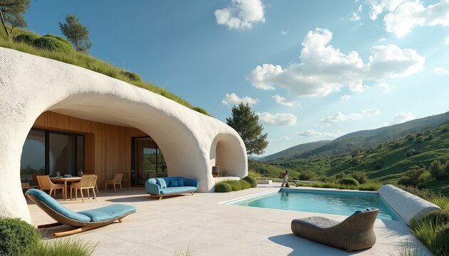 Modern earth-sheltered home with pool and lounge chairs. Open living space overlooks lush green hills. Unique architecture blends into natural landscape, offering serene vacation retreat.